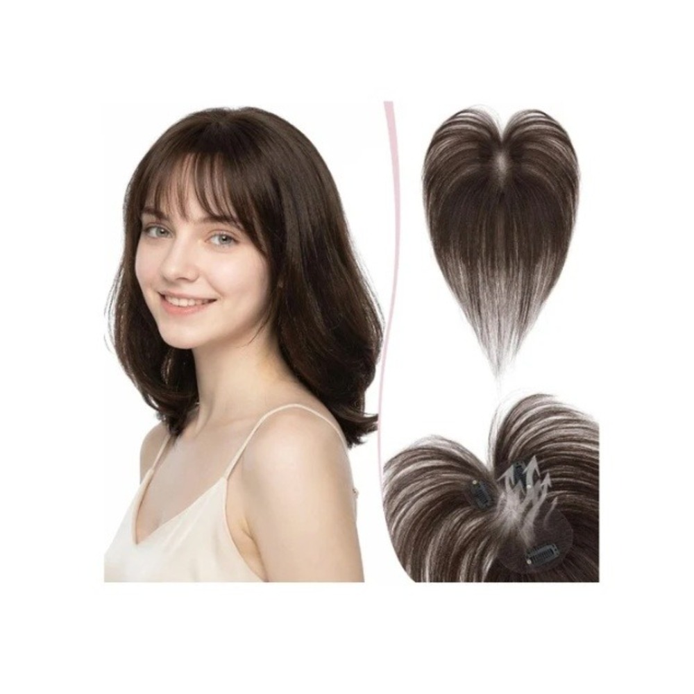 SEGO Human Hair Topper Wispy Bangs 11in Dark Brown Clip In Hairpiece Thinning